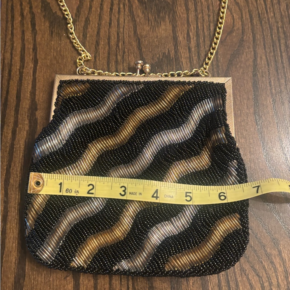 Black Beaded Mini Evening Bag with Gold Frame and Chain
